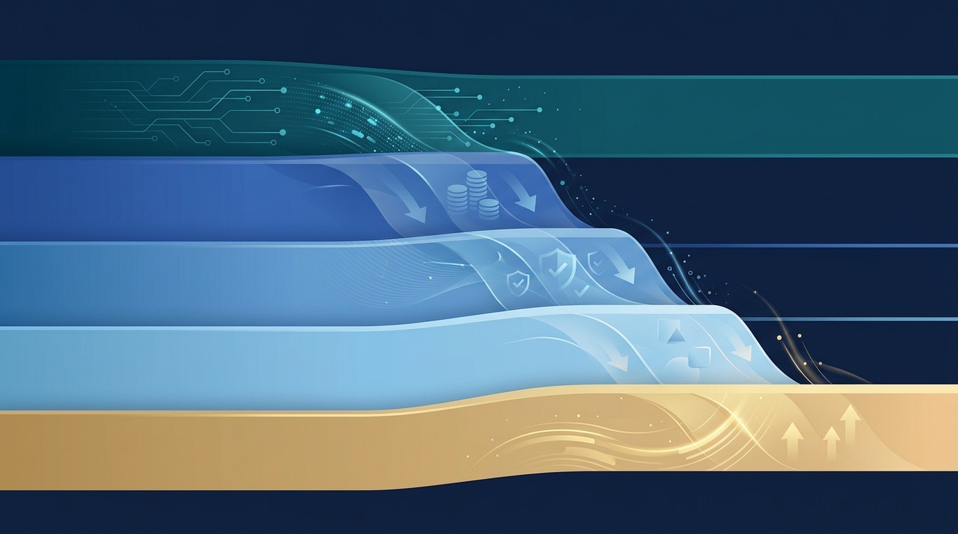 A cascade of payment fee lines resolving into a single reconciled number