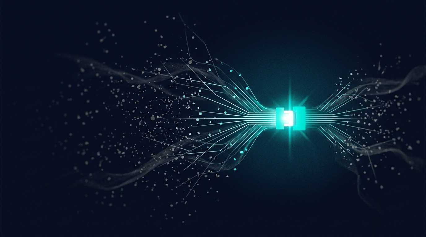 A bright processor connection surrounded by fragmented data streams