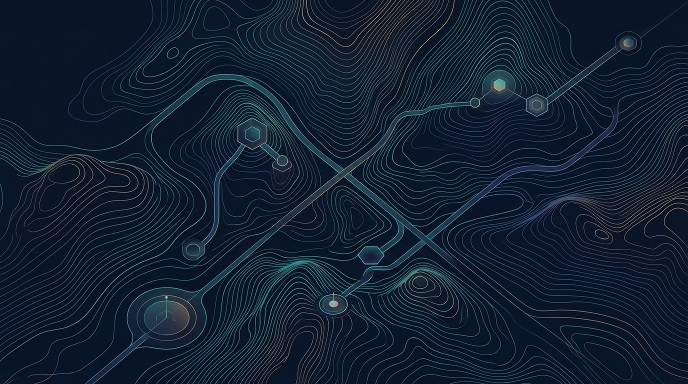 Connected payment intelligence nodes across a navy contour map